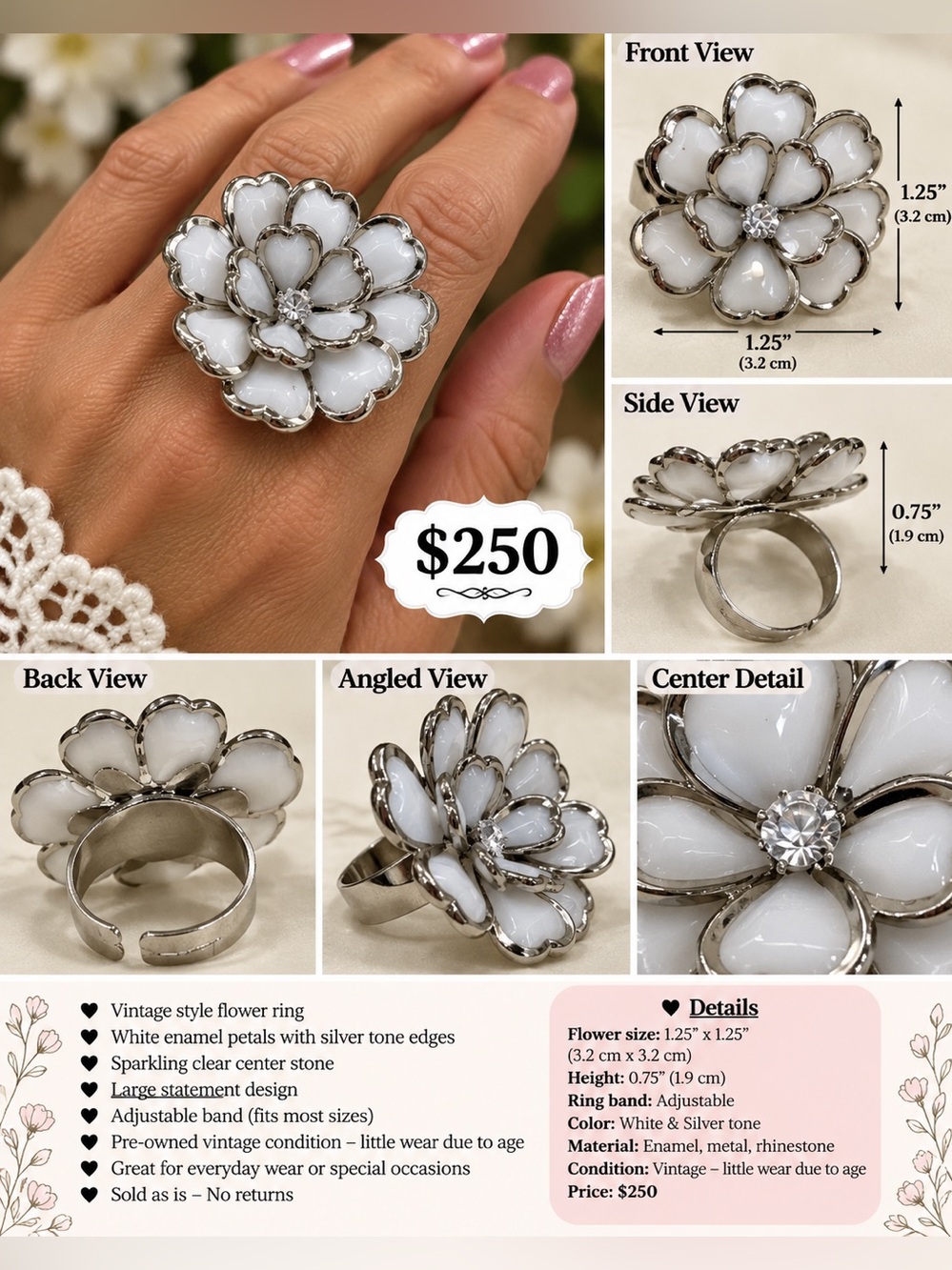 Vintage Silver and White Floral Ring-adjustable